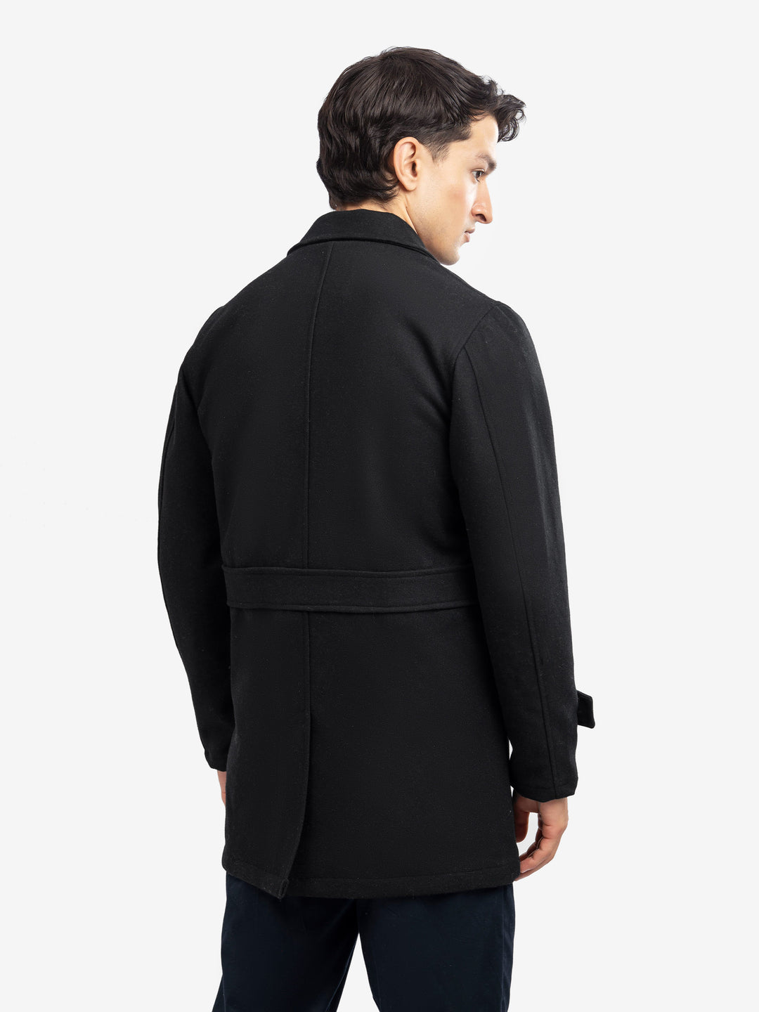  Back view of men's black long coat