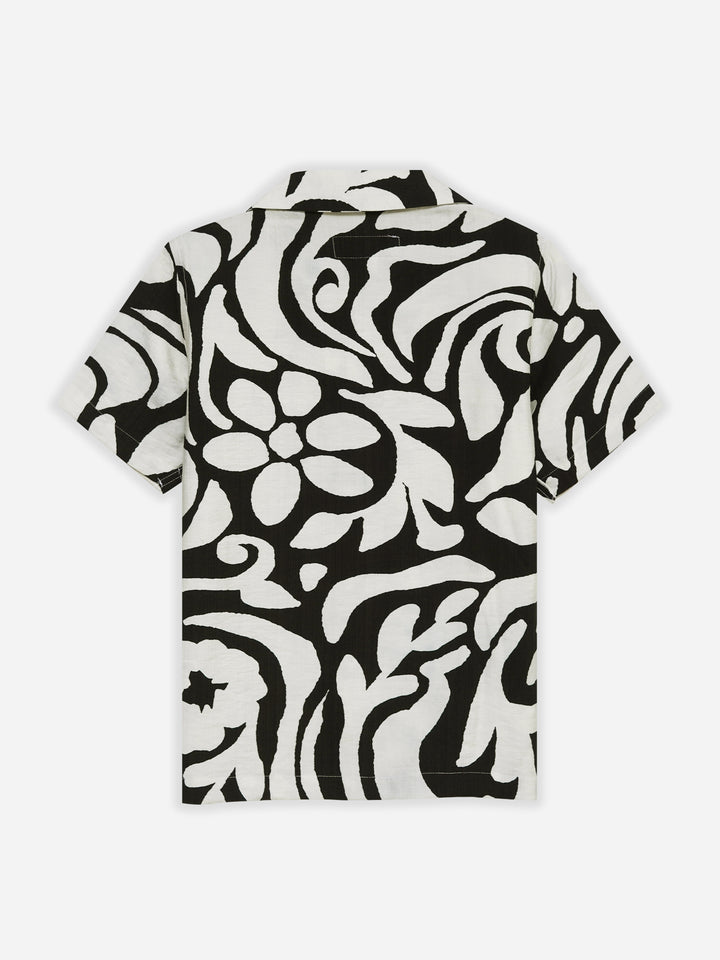 Black & Beige Abstract Printed Cuban Collar Shirt - Junior