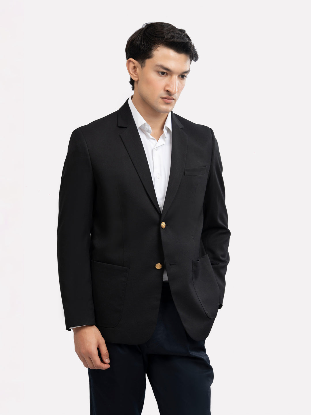 Men's black formal blazer with golden buttons front view
