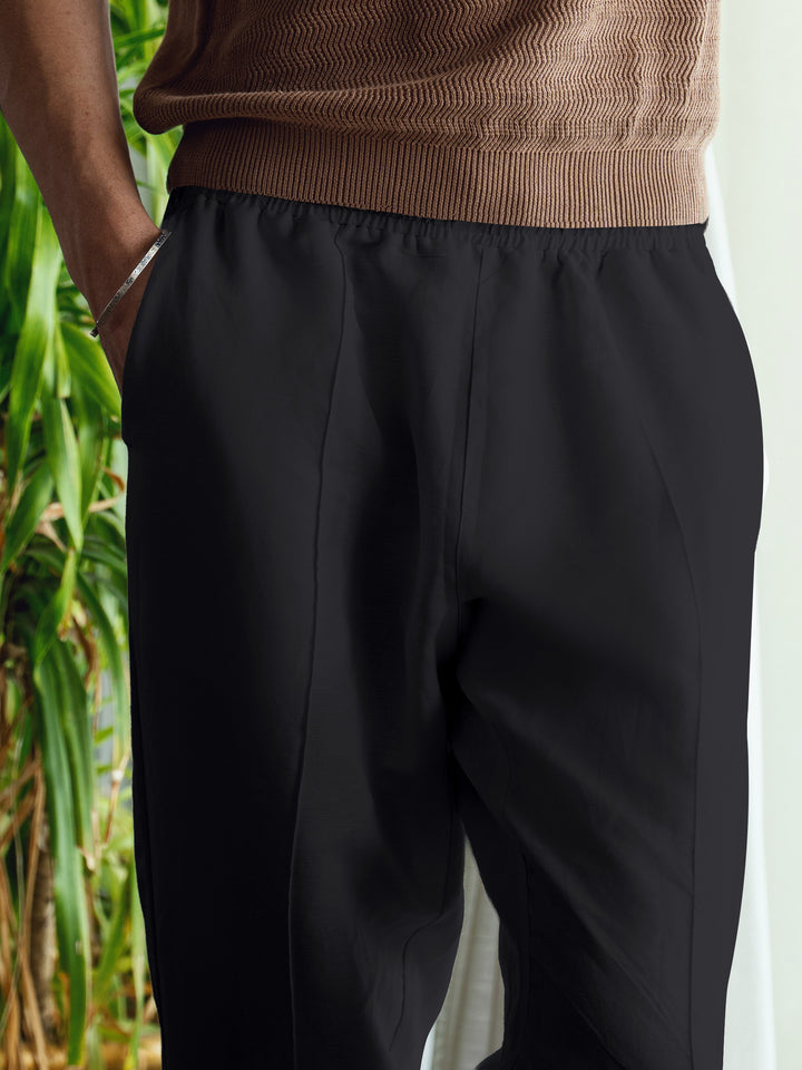 Close-up of breathable cotton-linen fabric texture in black