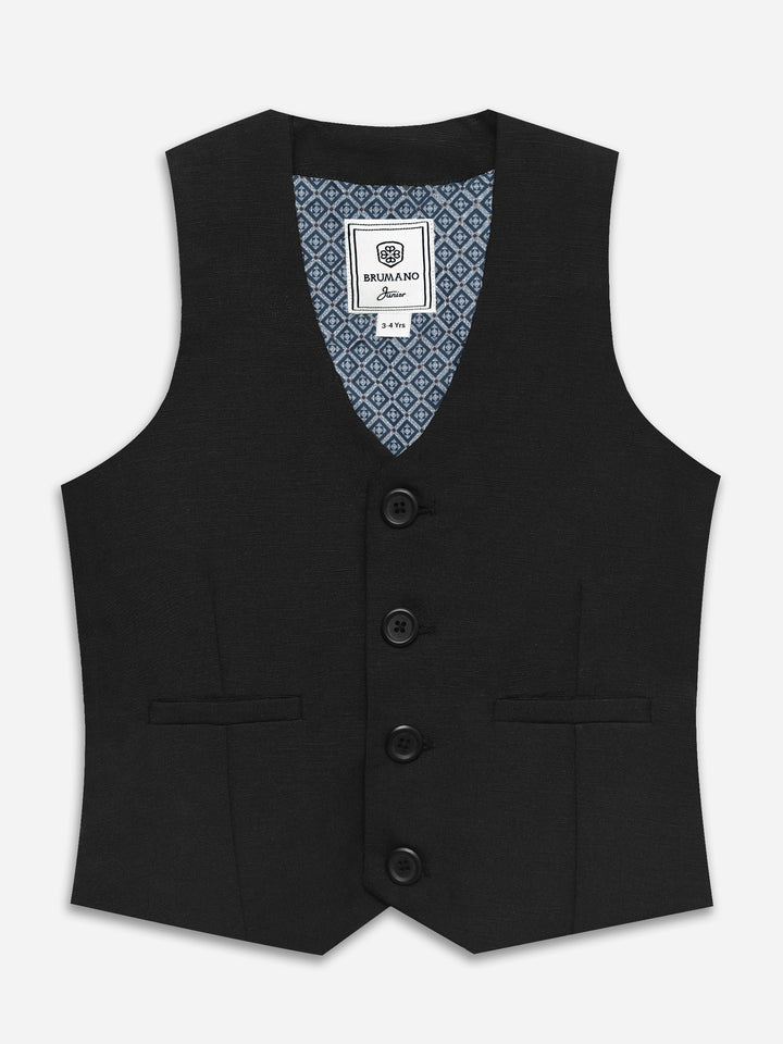 Black Linen Blended Vest With Bow - Junior
