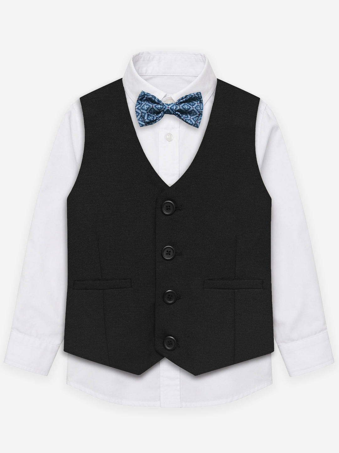 Black Linen Blended Vest With Bow - Junior