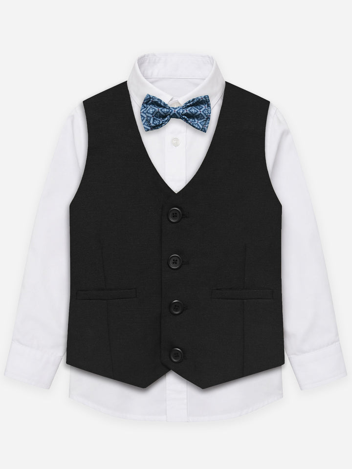 Black Linen Blended Vest With Bow - Junior