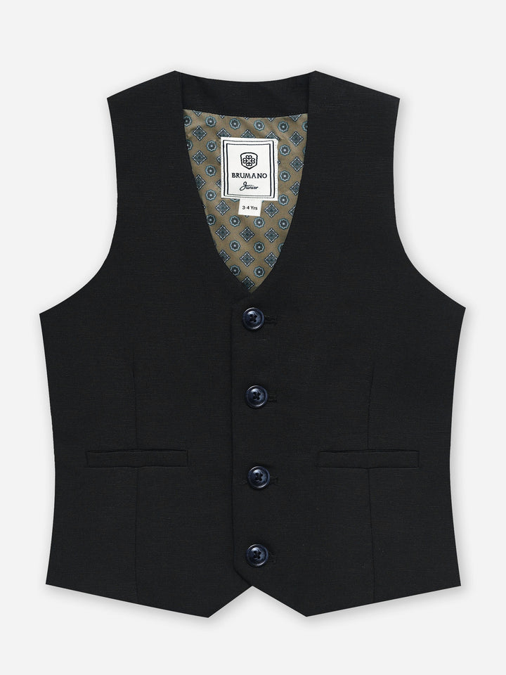 Black Linen Blended Vest With Olive Printed Bow - Junior