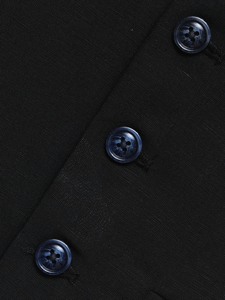 Black Linen Blended Vest With Olive Printed Bow - Junior