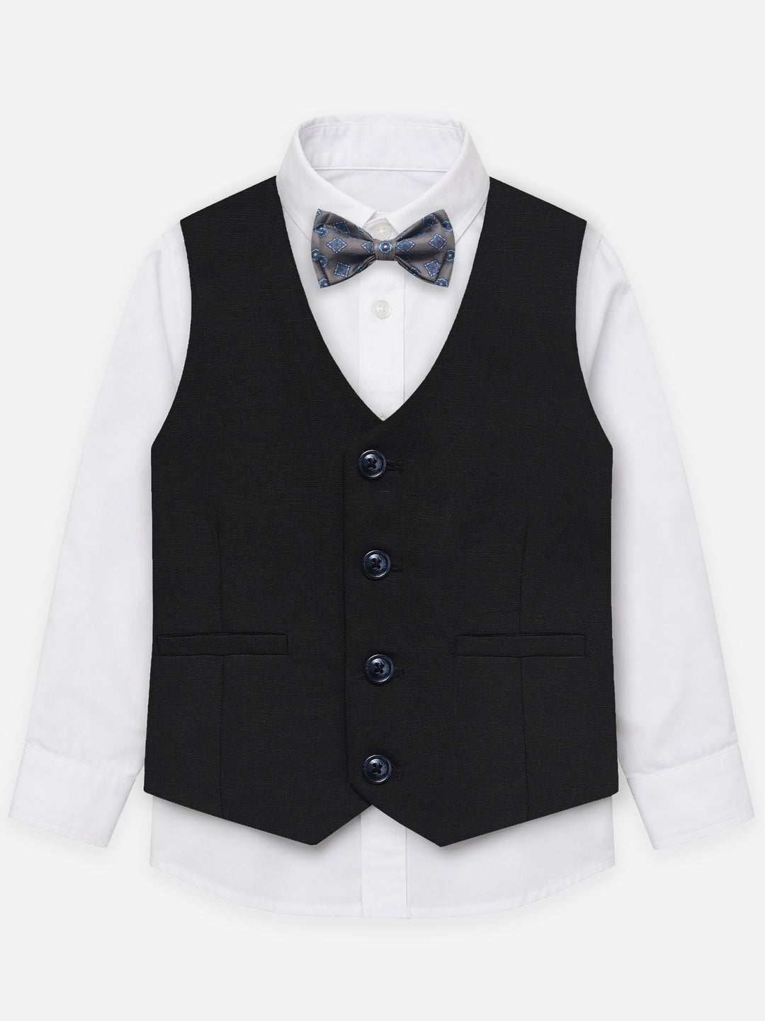 Black Linen Blended Vest With Olive Printed Bow - Junior