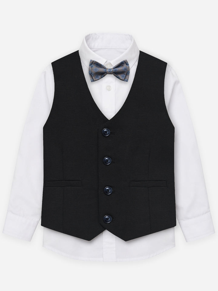Black Linen Blended Vest With Olive Printed Bow - Junior