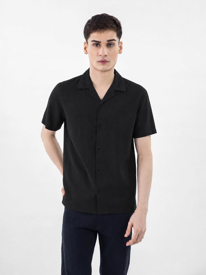Black Linen Half Sleeve Cuban Collar Shirt