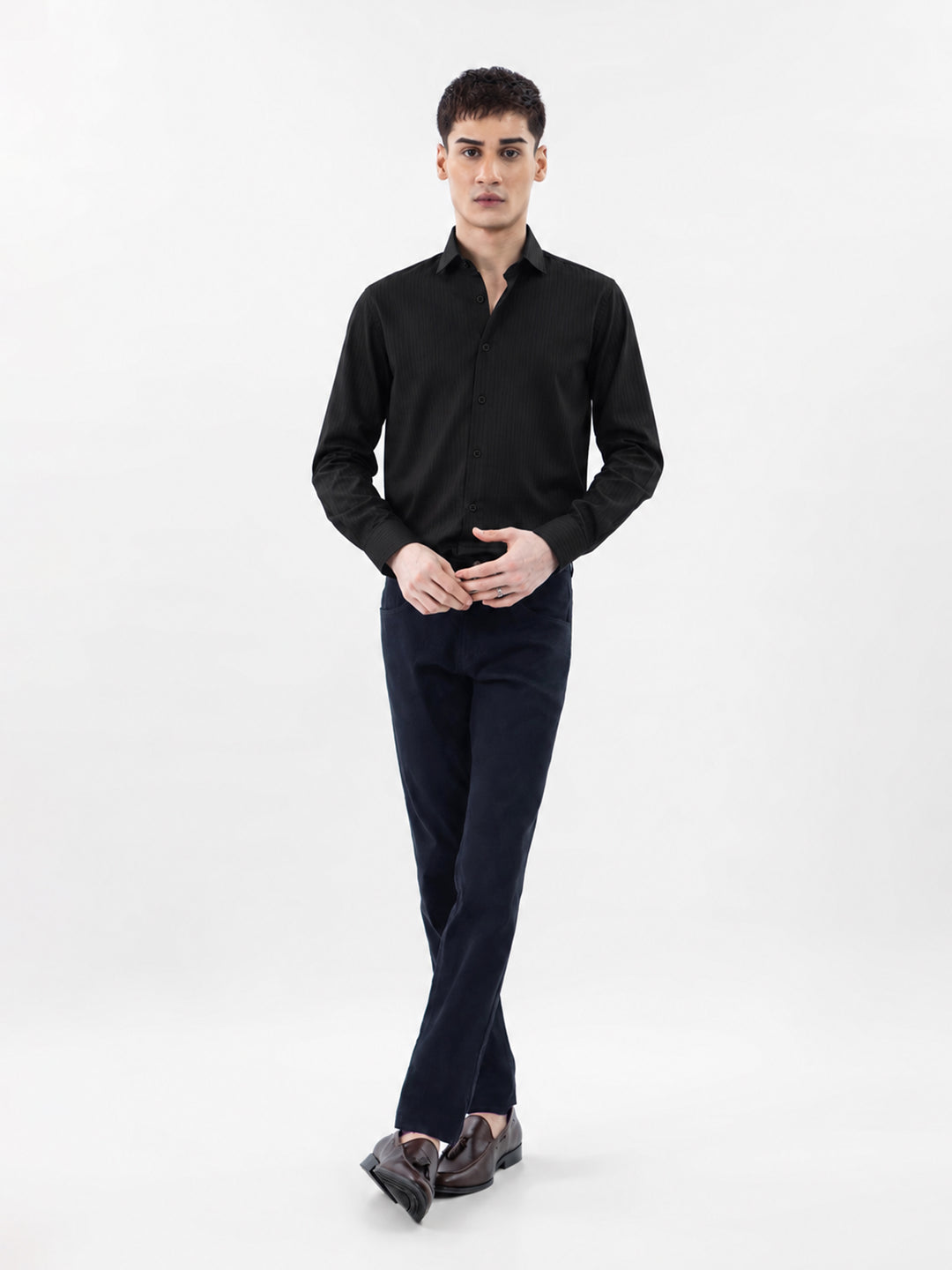 Black self striped formal shirt