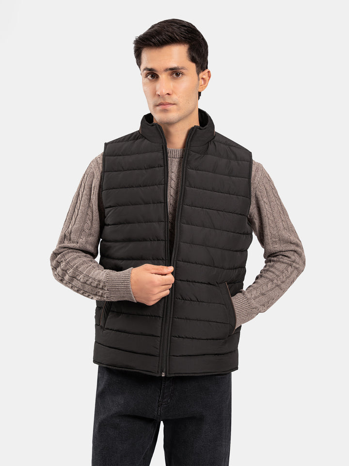 Black Sleeveless Puffer Jacket With Leather Detailing