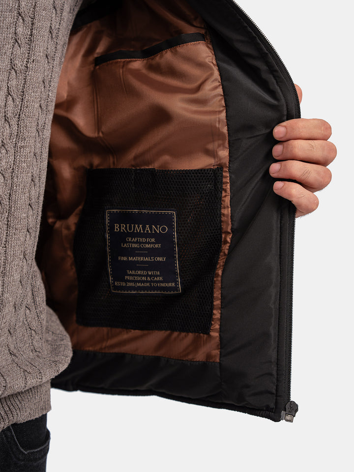 Black Sleeveless Puffer Jacket With Leather Detailing