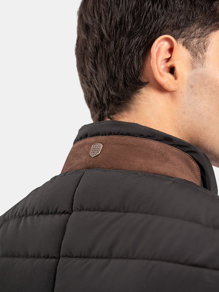 Black Sleeveless Puffer Jacket With Leather Detailing