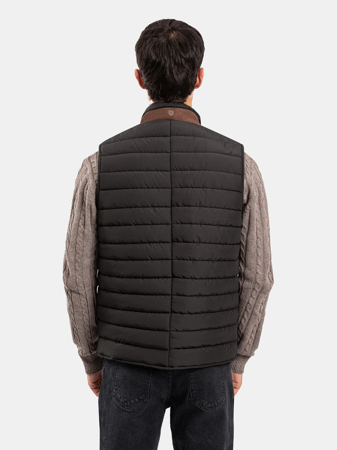 Black Sleeveless Puffer Jacket With Leather Detailing