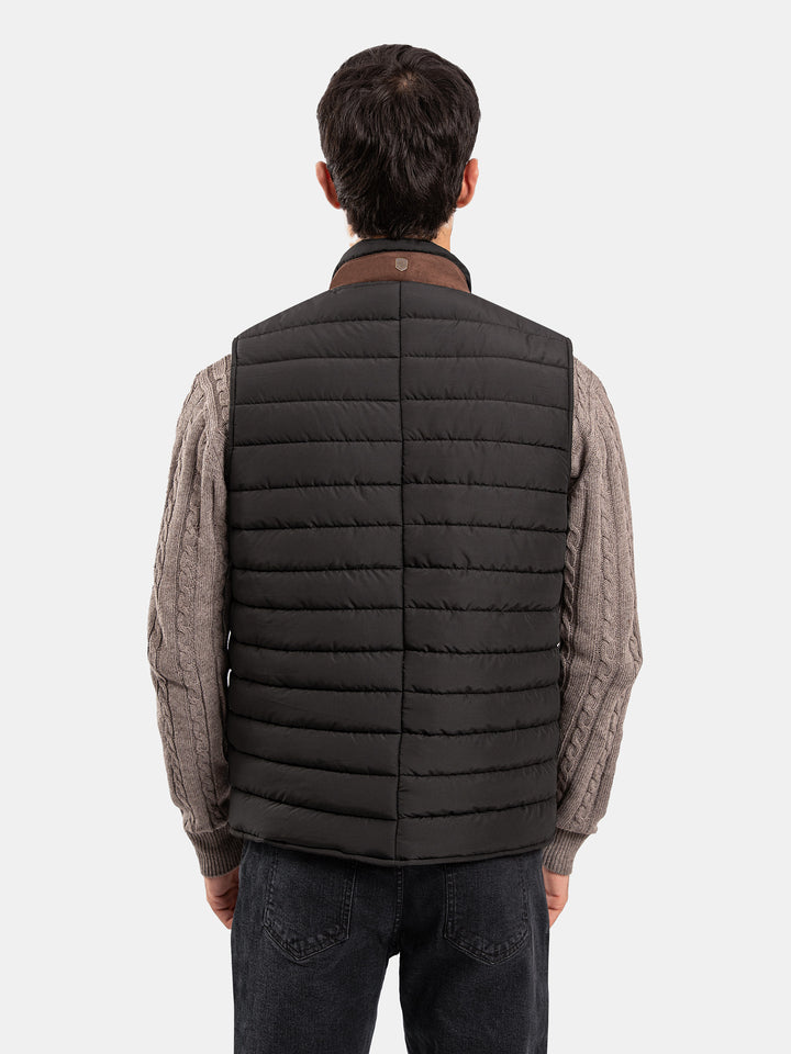 Black Sleeveless Puffer Jacket With Leather Detailing