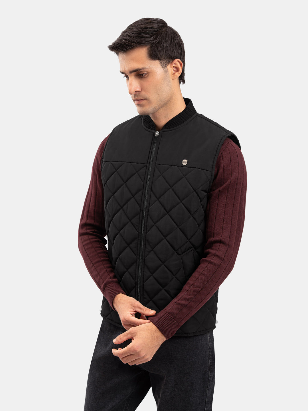 Black Sleeveless Quilted Jacket With Ribbed Baseball Collar