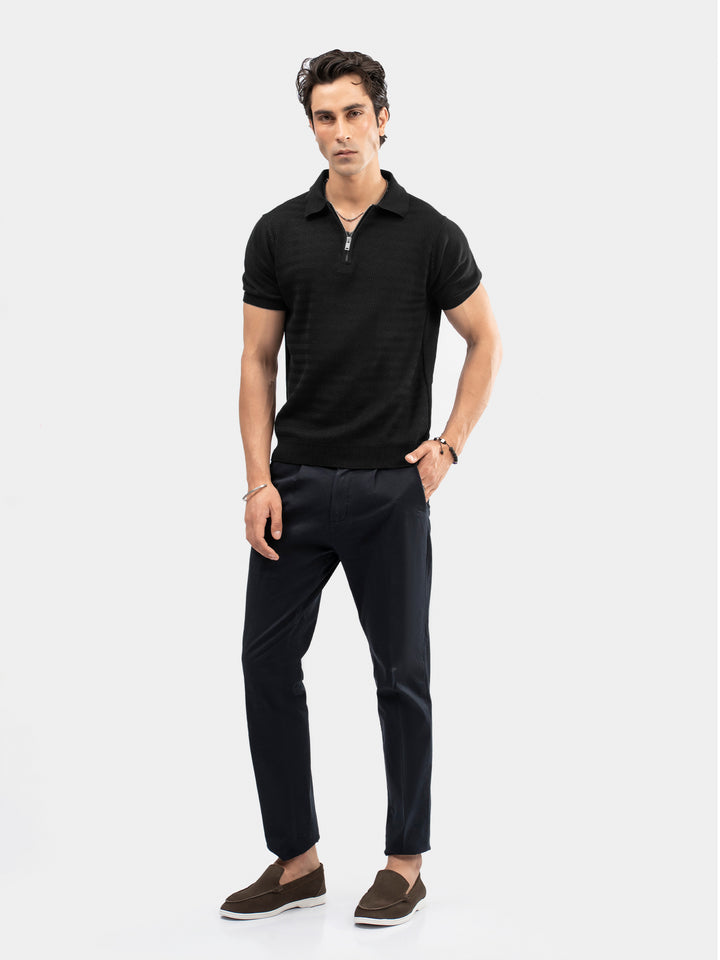  Men's black zipper polo styled for smart casual wear