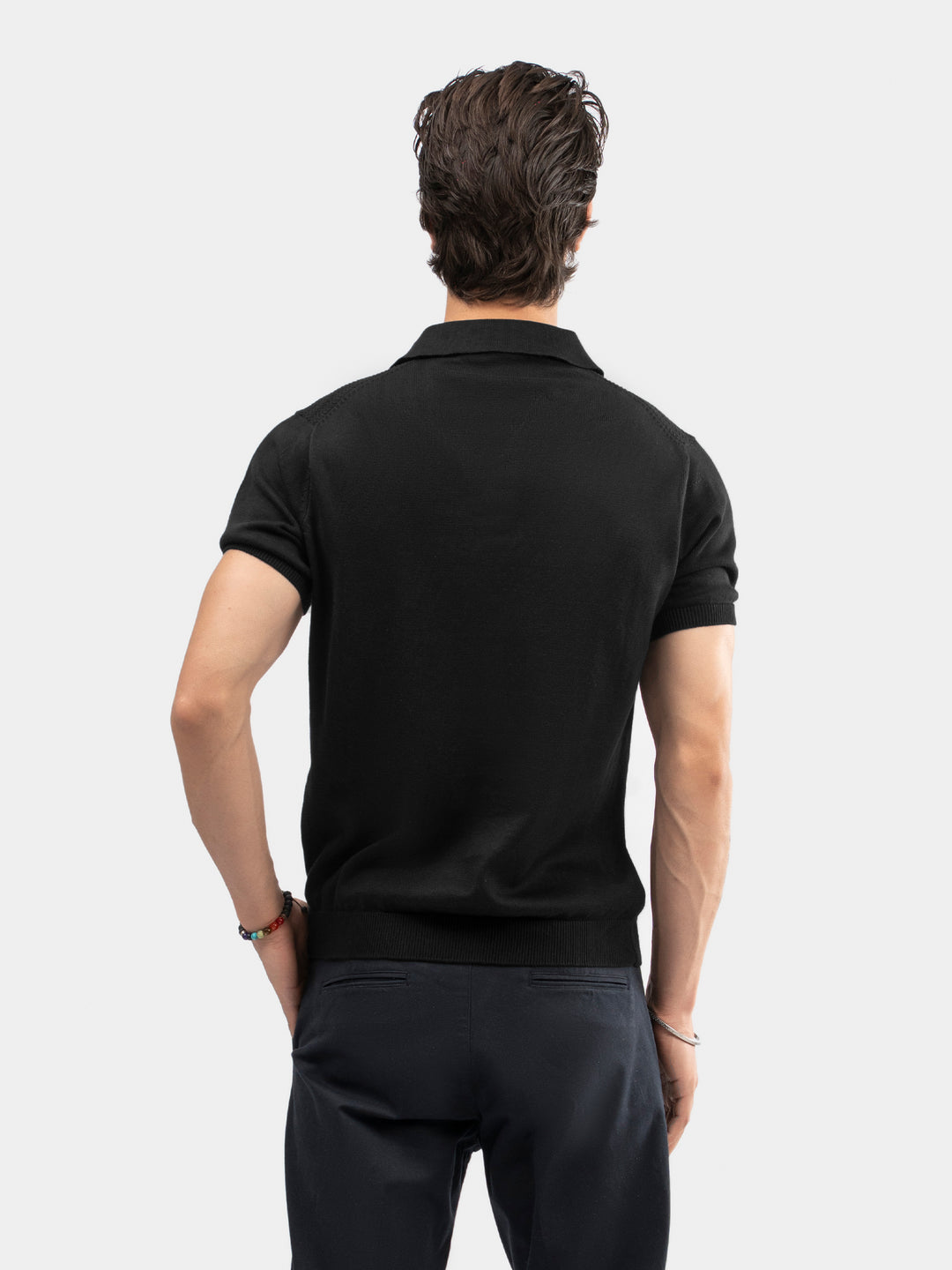 Black Textured Flat Knit Zipper Polo