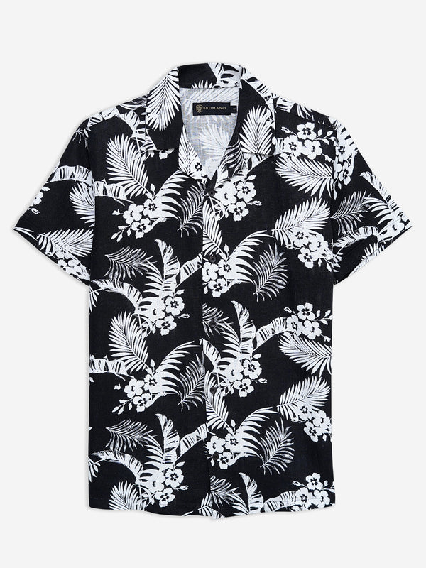 Black Bold Floral Printed Half Sleeve Cuban Collar Shirt
