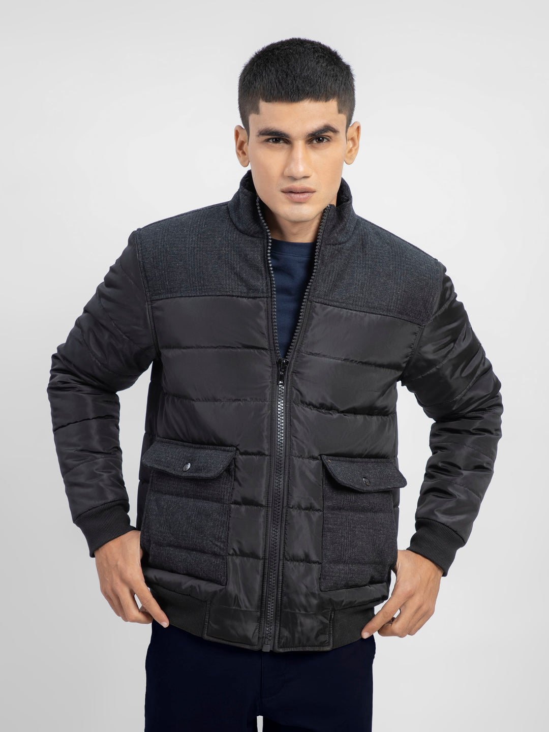 Black Contrasting Wool Puffer Jacket Brumano Pakistan