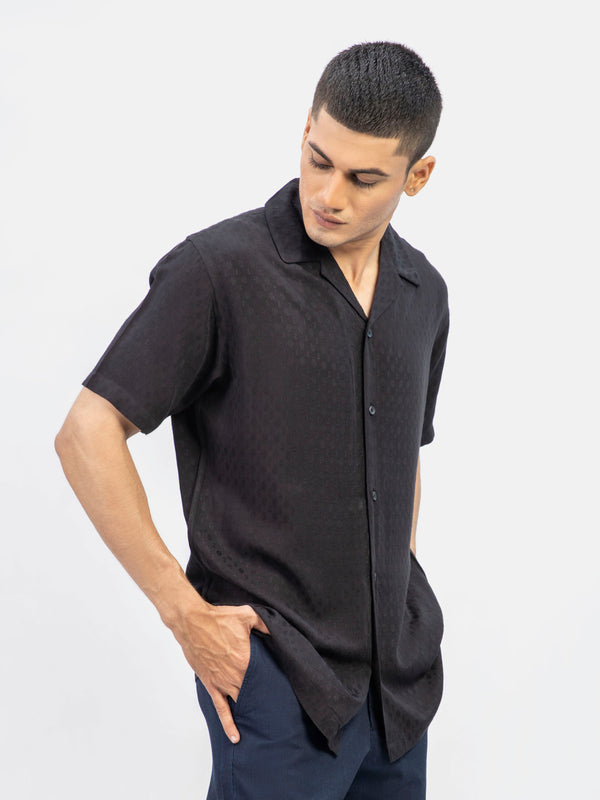 Black Dobby Structured Half Sleeve Cuban Collar Shirt Brumano Pakistan