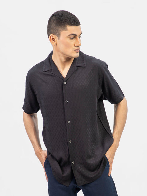 Black Dobby Structured Half Sleeve Cuban Collar Shirt Brumano Pakistan