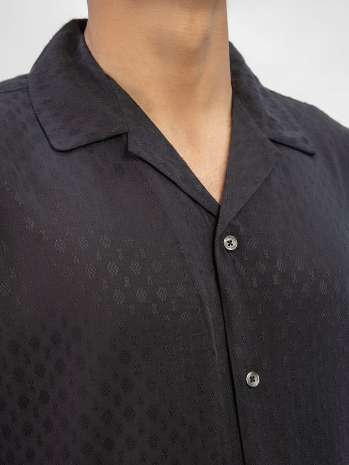 Black Dobby Structured Half Sleeve Cuban Collar Shirt Brumano Pakistan