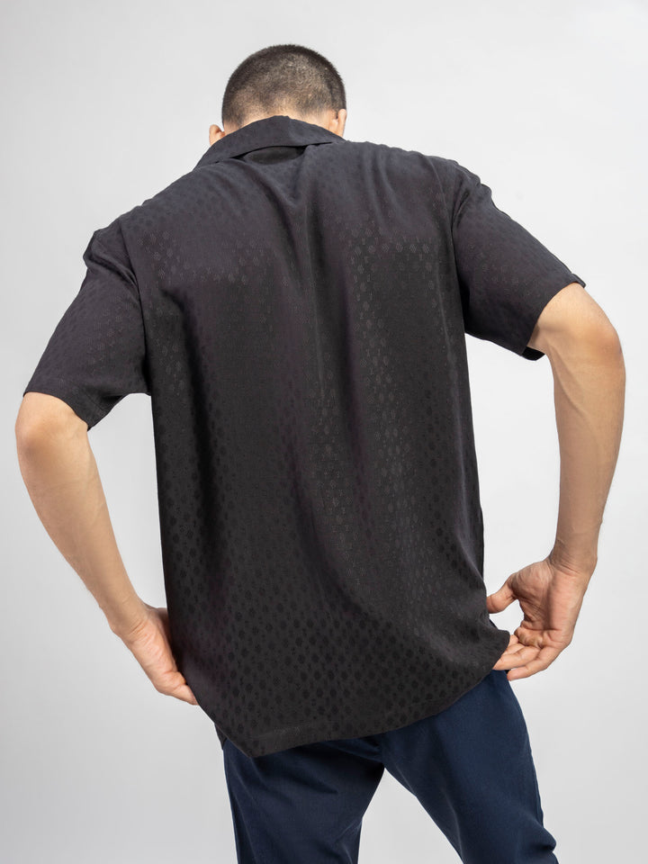 Black Dobby Structured Half Sleeve Cuban Collar Shirt Brumano Pakistan