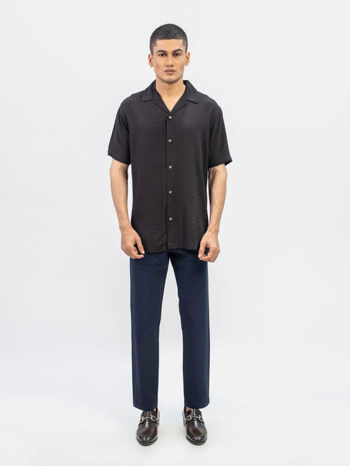 Black Dobby Structured Half Sleeve Cuban Collar Shirt Brumano Pakistan
