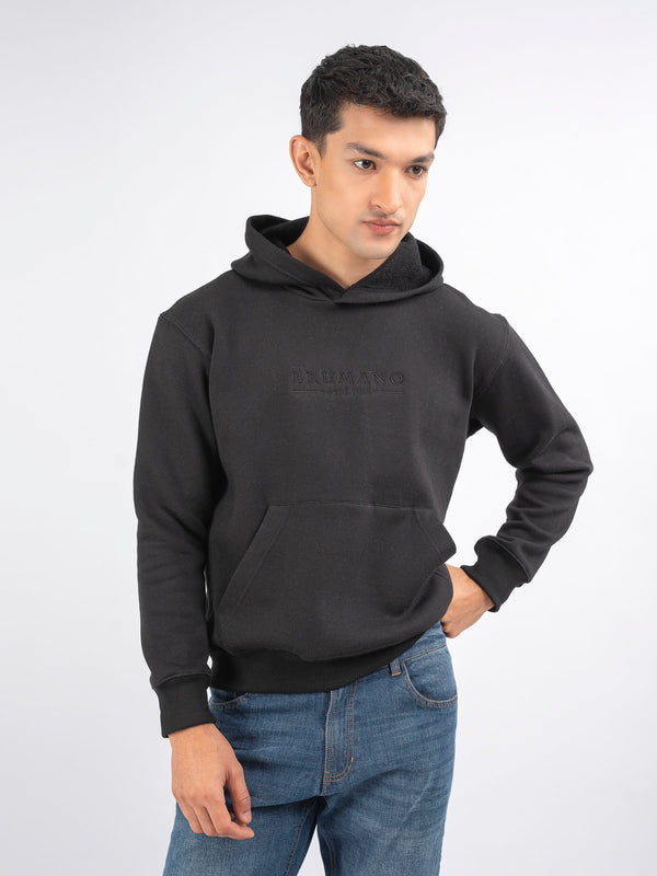 Black Embroidered Relaxed Fit Hoodie