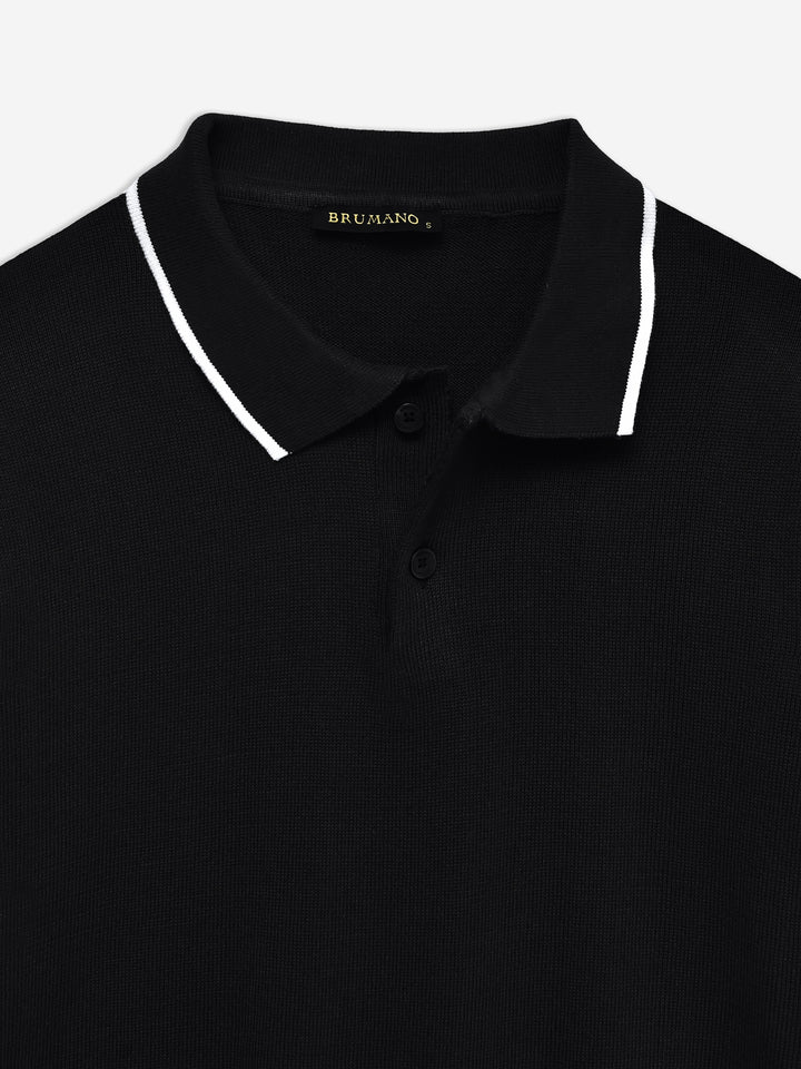 Black Flat Knit Polo With Tipped Collar