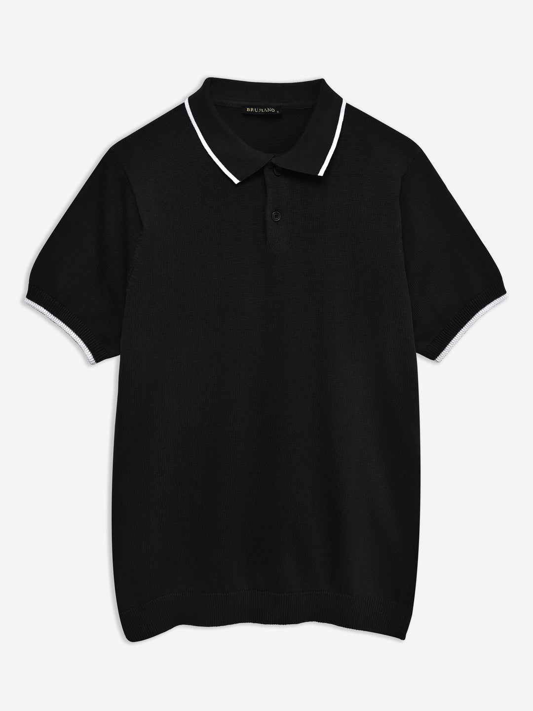 Black Flat Knit Polo With Tipped Collar