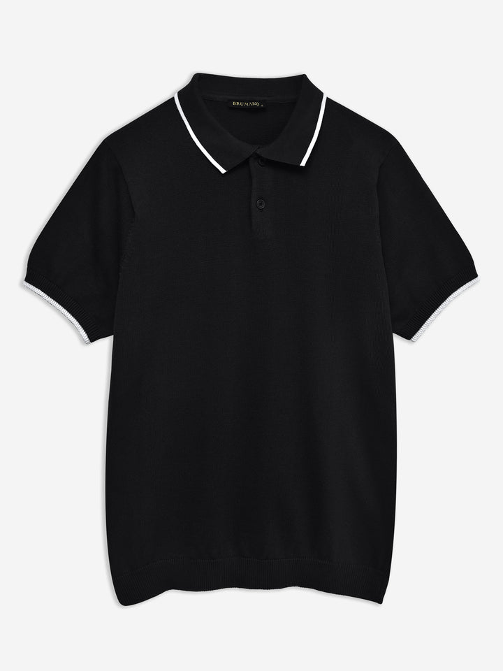 Black Flat Knit Polo With Tipped Collar