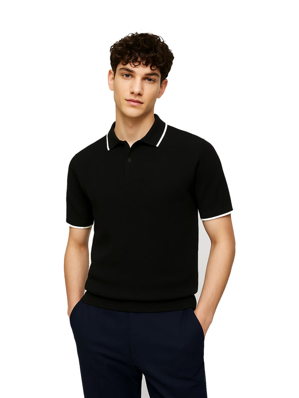 Black Flat Knit Polo With Tipped Collar