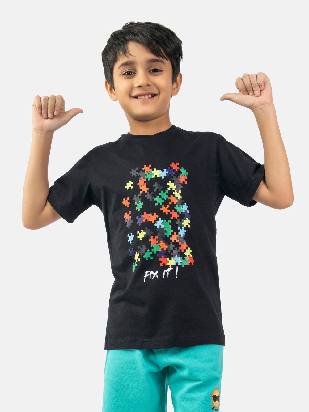 Black Graphic Printed 'Puzzle' Casual Tee