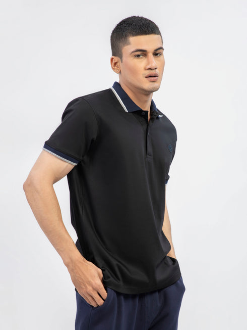 Black Interlock Polo With Contrasting Navy Collar