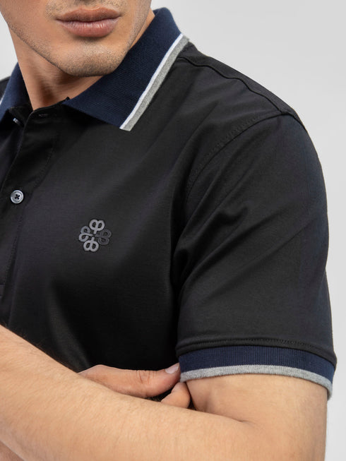 Black Interlock Polo With Contrasting Navy Collar