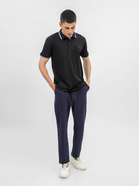 Black Interlock Polo With Contrasting Navy Collar