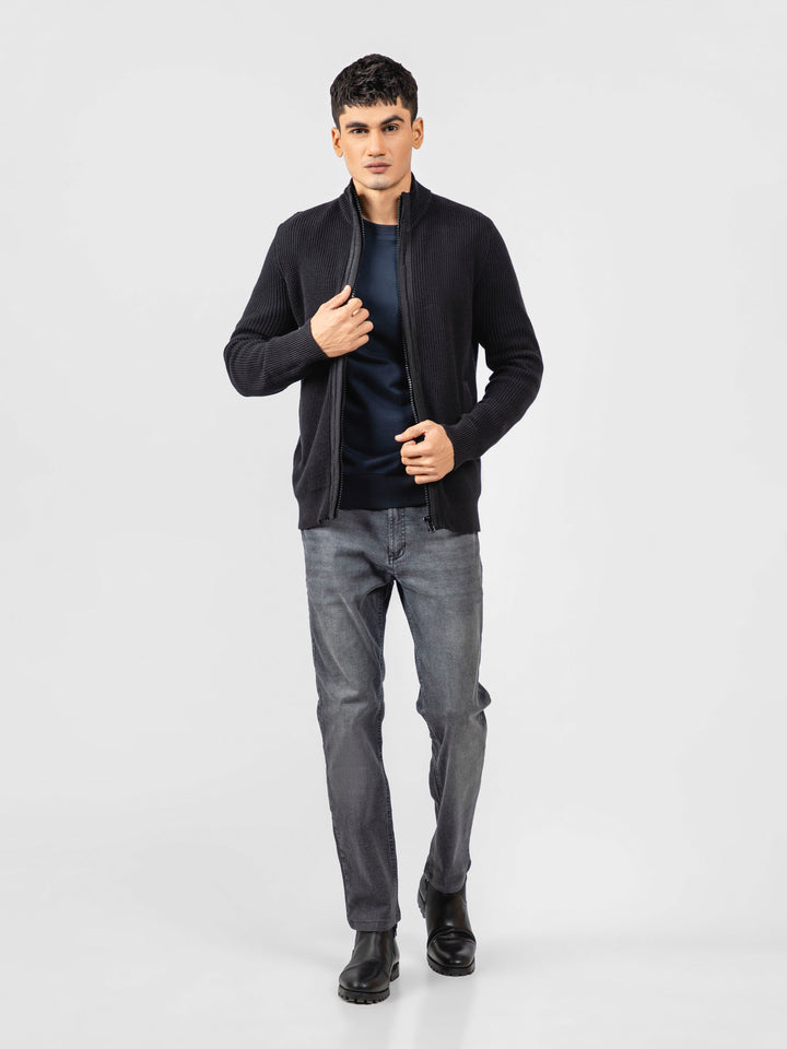 Black Knitted Textured Zipper Jacket With Detailing Brumano Pakistan 