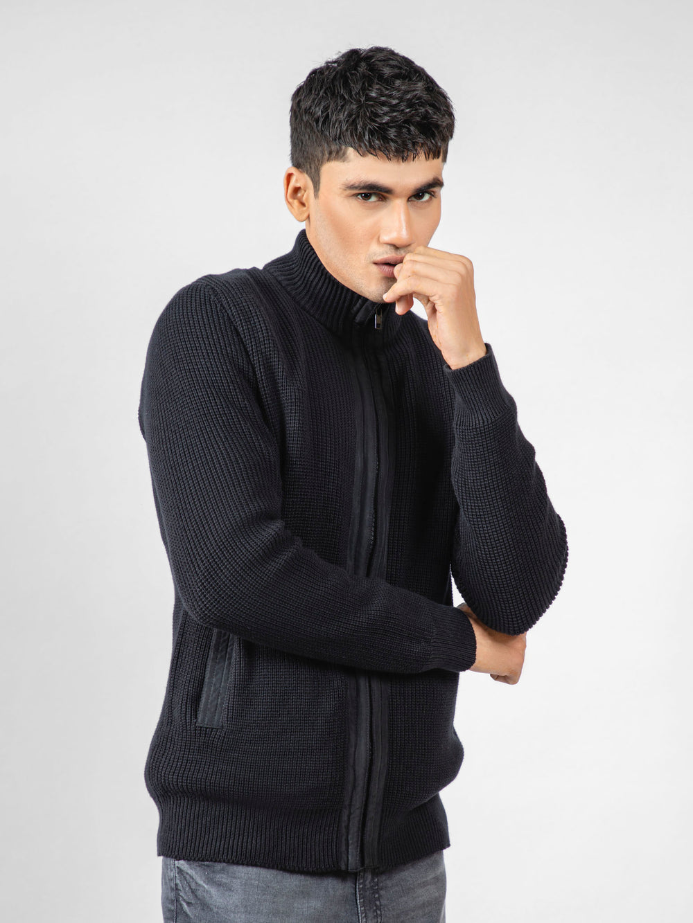 Black Knitted Textured Zipper Jacket With Detailing