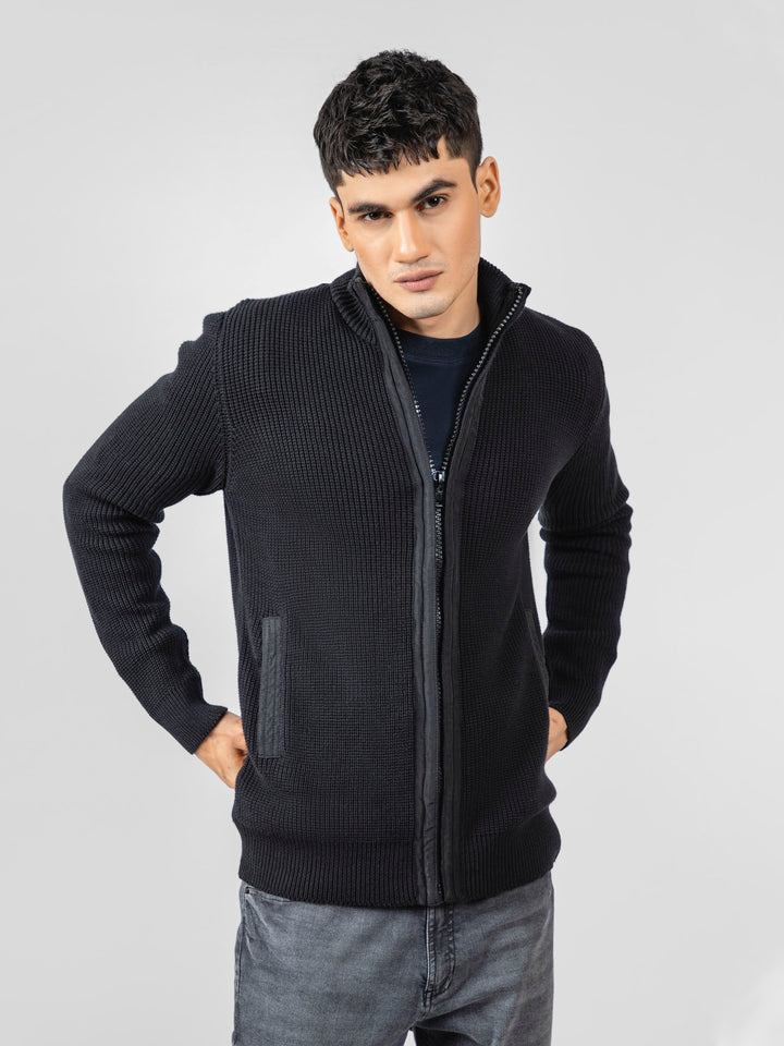 Black Knitted Textured Zipper Jacket With Detailing Brumano Pakistan 