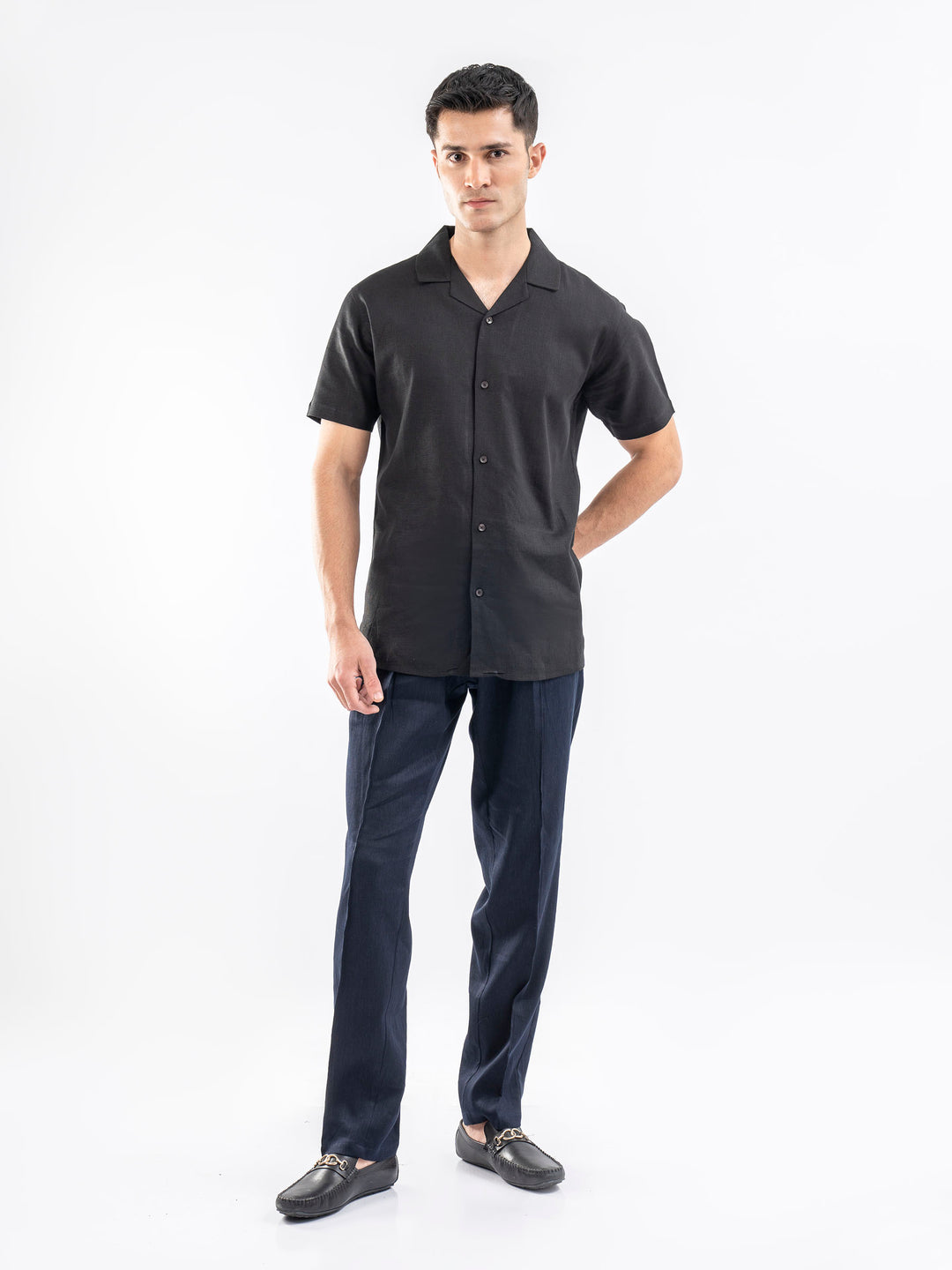 Black Linen Blended Half Sleeve Cuban Collar Shirt