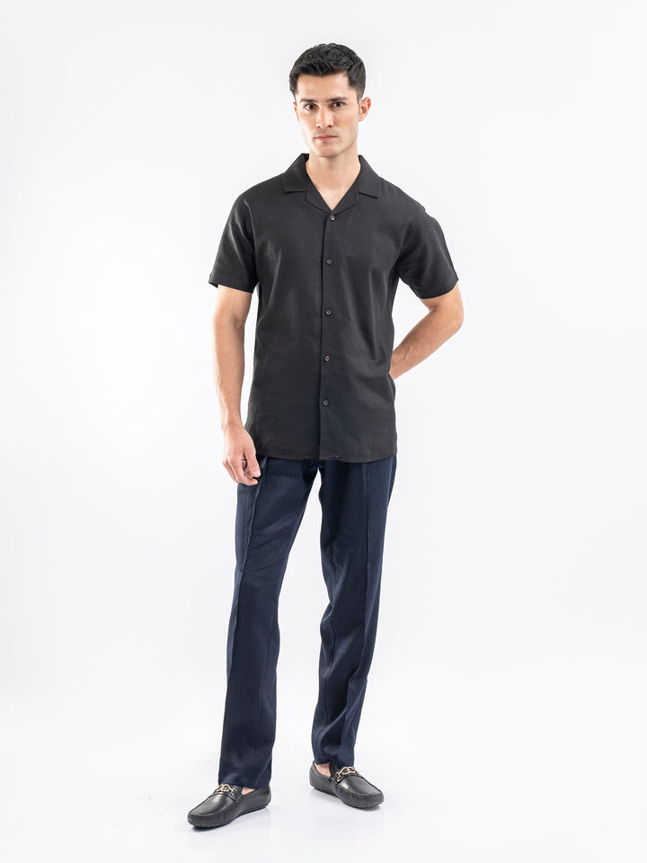 Black Linen Blended Half Sleeve Cuban Collar Shirt