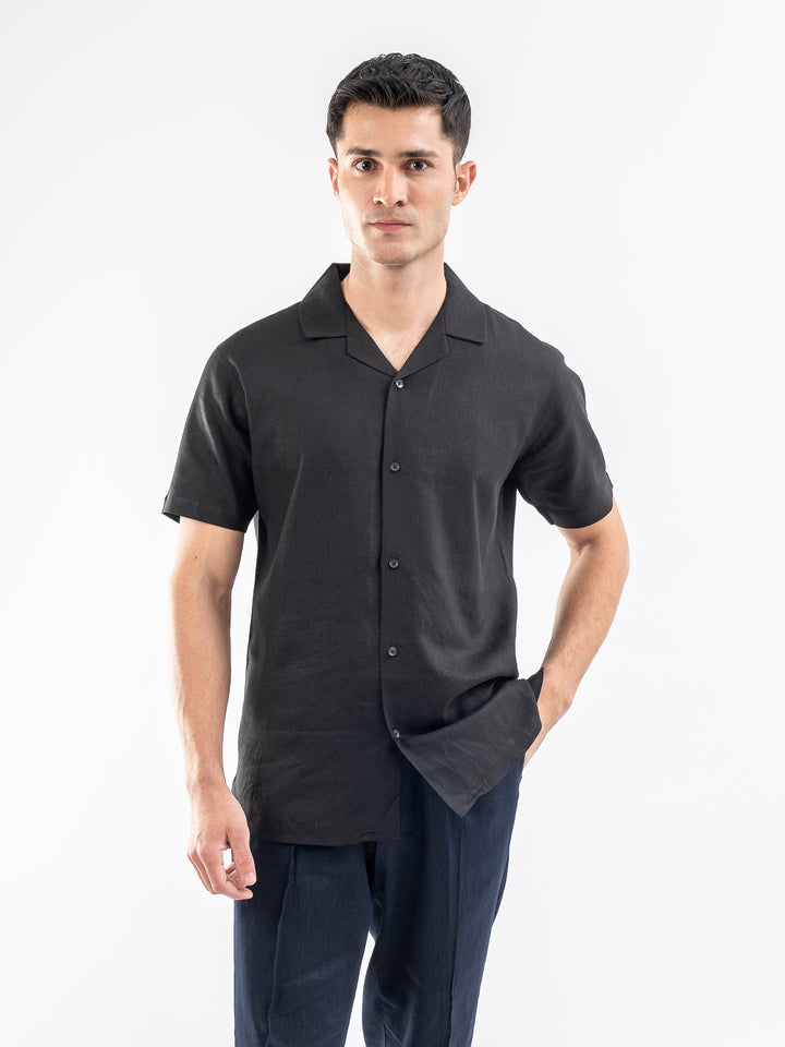 Black Linen Blended Half Sleeve Cuban Collar Shirt