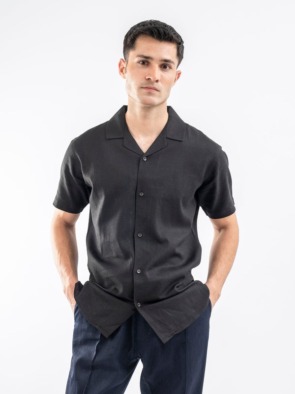 Black Linen Blended Half Sleeve Cuban Collar Shirt