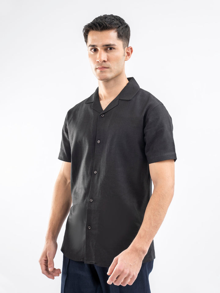 Black Linen Blended Half Sleeve Cuban Collar Shirt