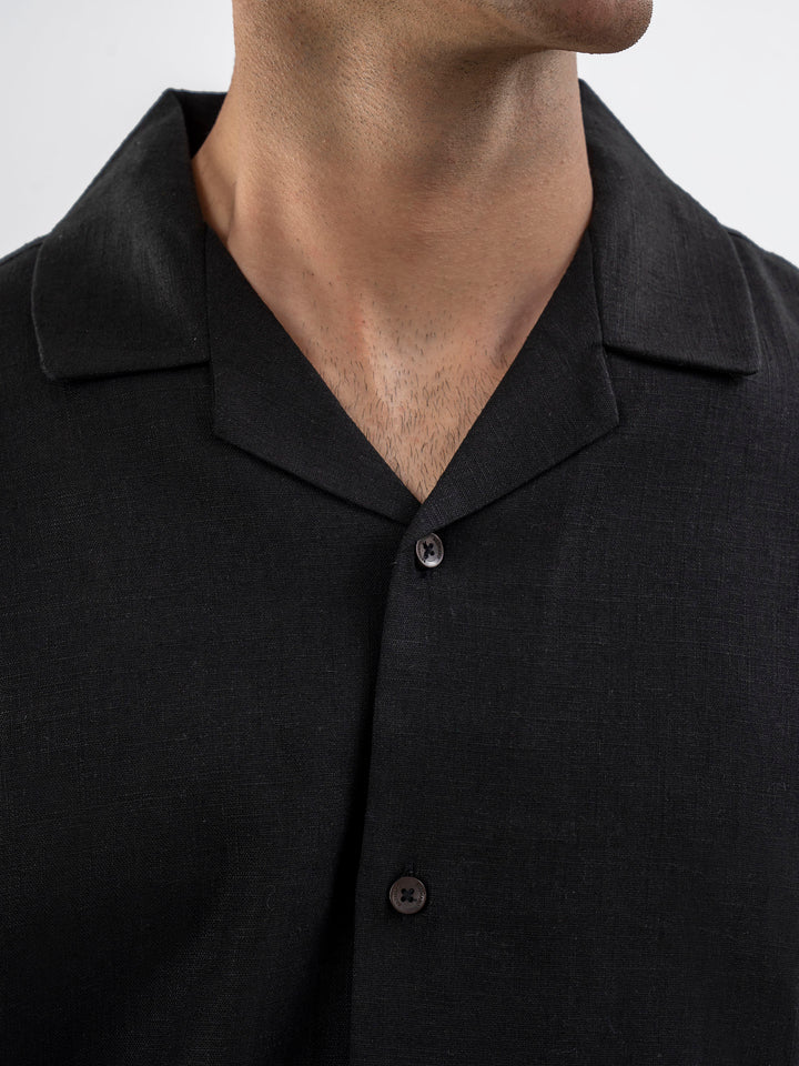 Black Linen Blended Half Sleeve Cuban Collar Shirt