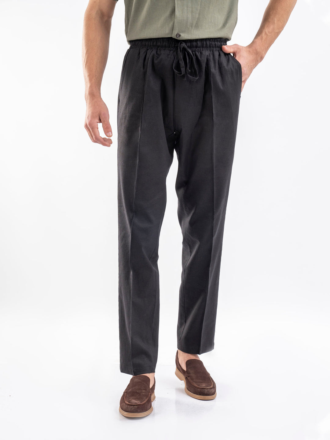 Black Linen Blended Pajama Trouser side view — Brumano Pakistan