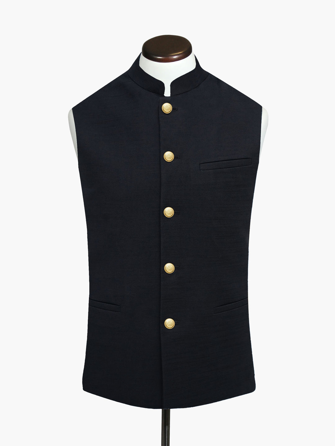 Black Linen Blended Waistcoat With Golden Buttons - Sartoria