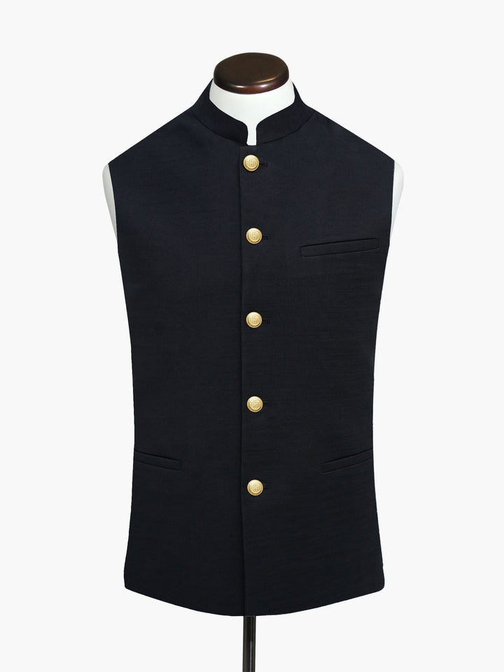 Black Linen Blended Waistocat With Golden Buttons - Sartoria