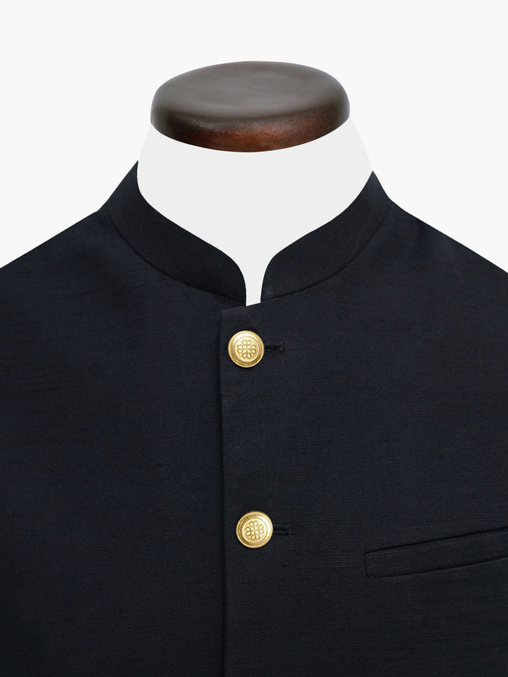 Black Linen Blended Waistocat With Golden Buttons - Sartoria